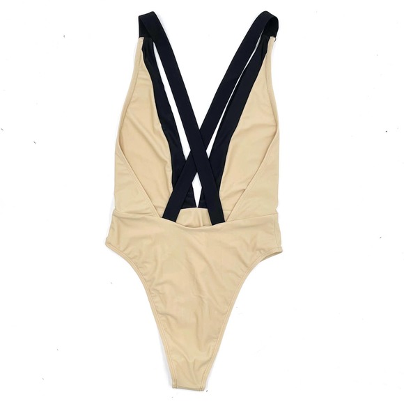 New Michael Costello Talliah One Piece Swimsuit Tan Black Crisscross Back Sz S - Picture 7 of 10